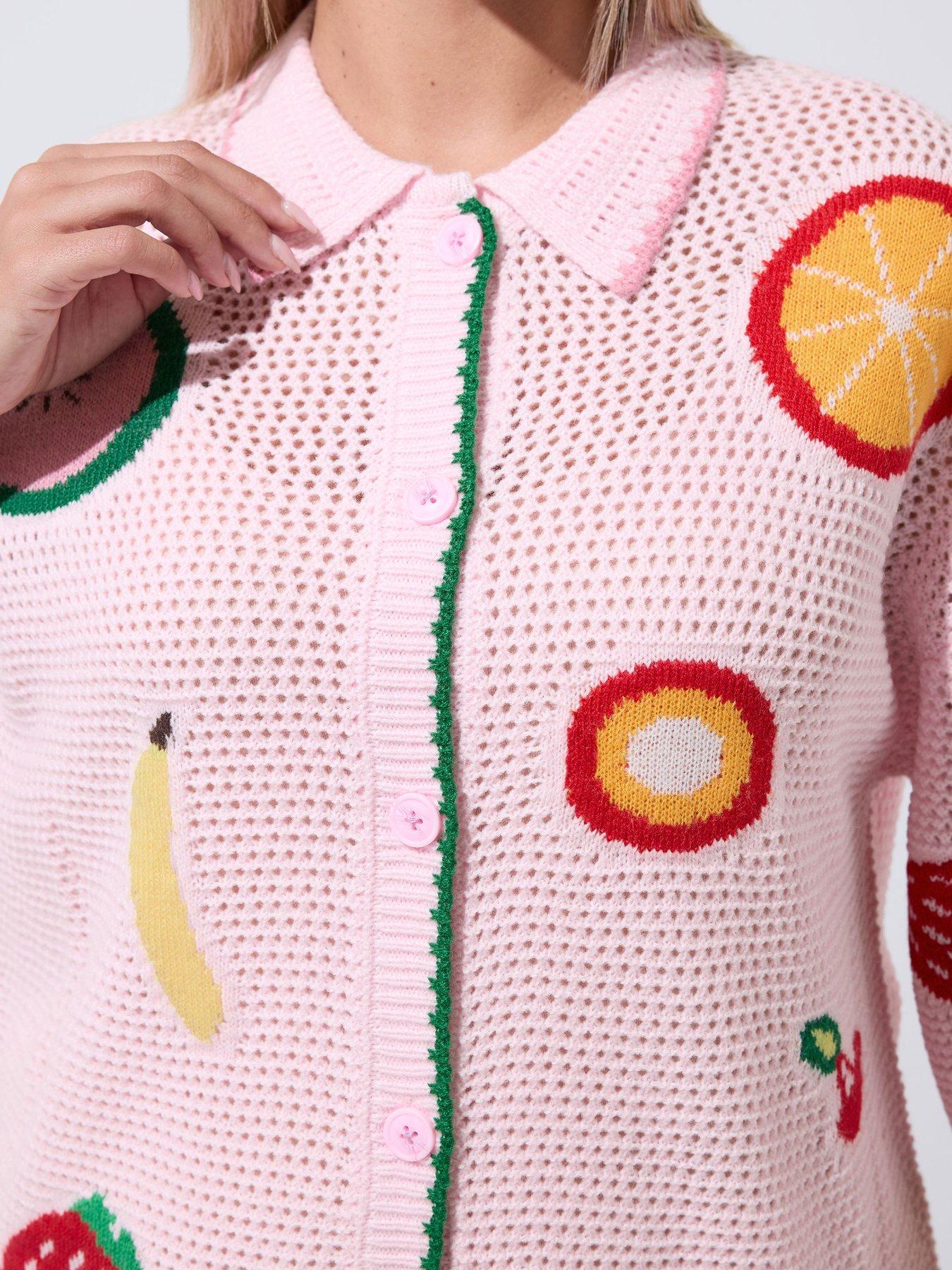 Image 4 of 4 of Yours Curve Fruit Crochet Knitted Shirt - Pink