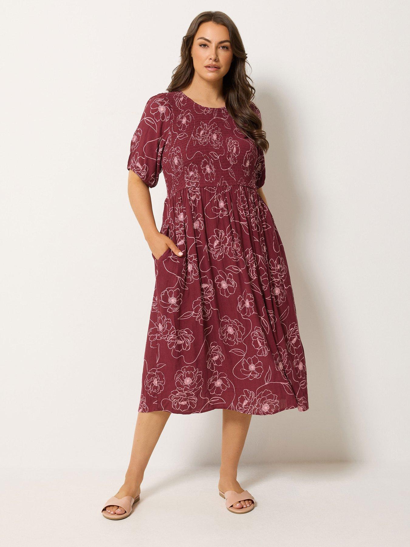 Image 1 of 4 of Yours Curve Shirred Puff Sleeve Midaxi Dress - Red