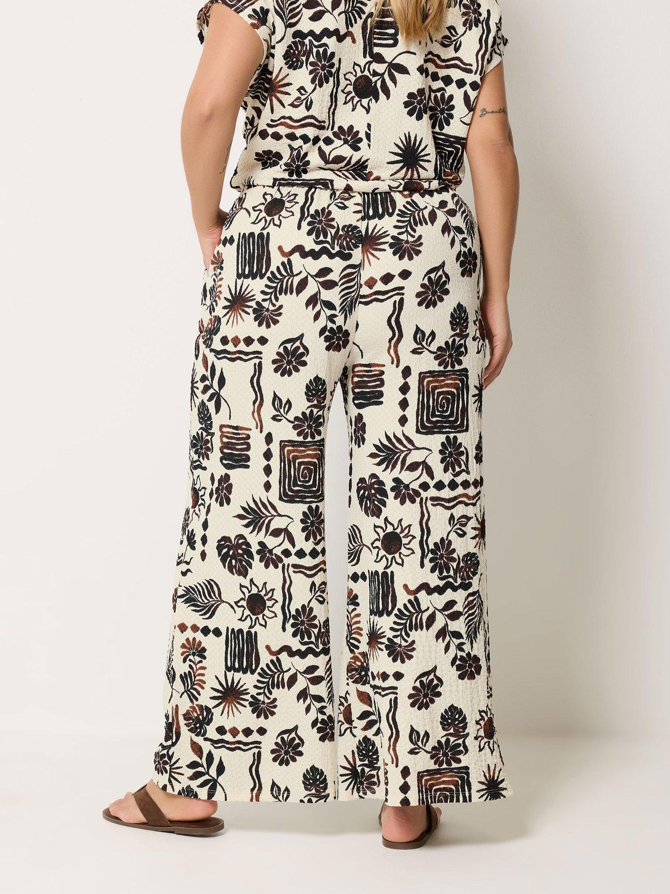 Image 2 of 4 of Yours Curve Natural Brown Summer Print Crinkle Wide Leg Trousers - Brown