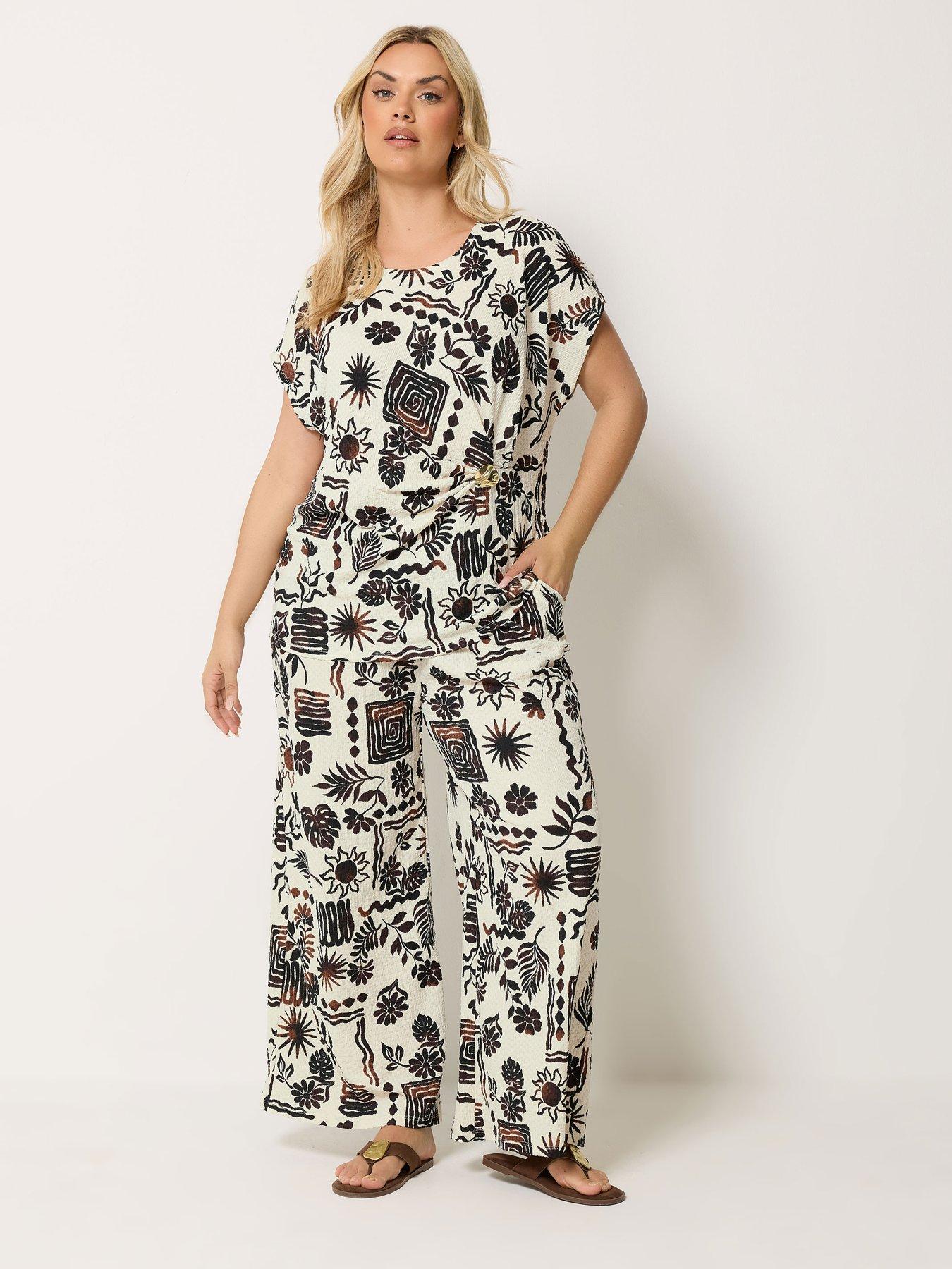 Image 3 of 4 of Yours Curve Natural Brown Summer Print Crinkle Wide Leg Trousers - Brown