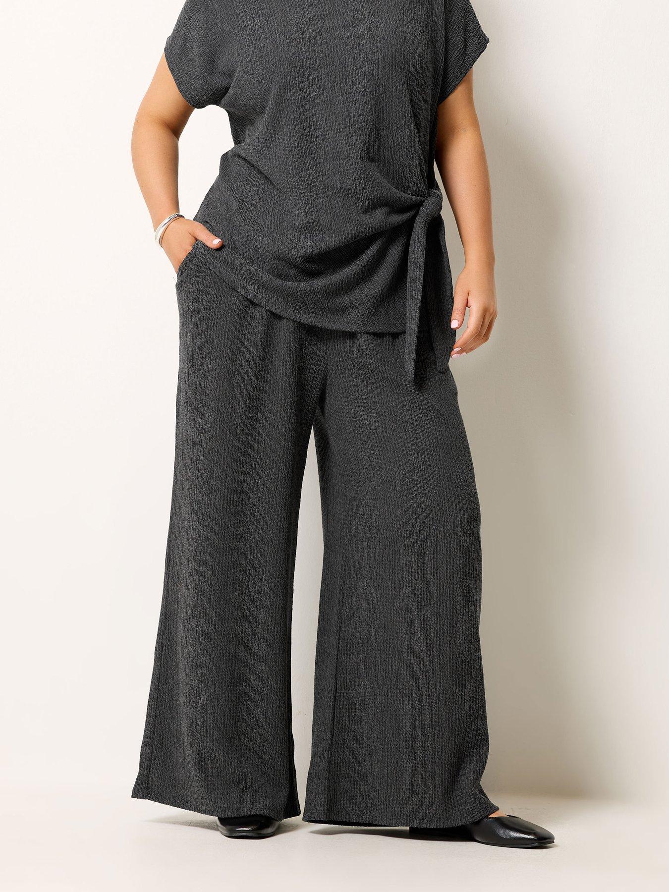Yours Curve Wide Leg Textured 28" Trousers - Grey
