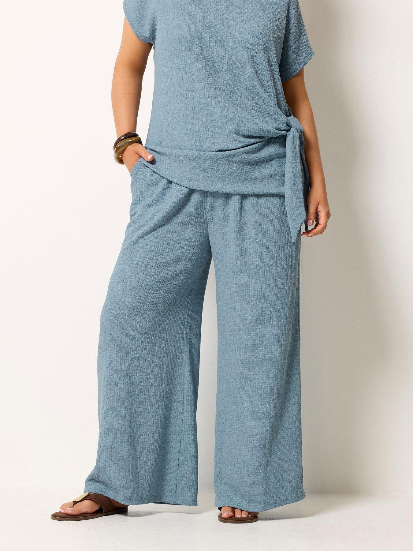 Yours Curve Wide Leg Textured 28" Trousers - Blue