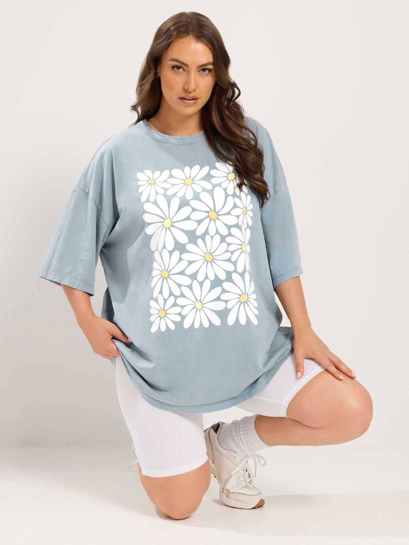 Yours Curve Acid Wash Boxy Daisy Print T-Shirt - Blue