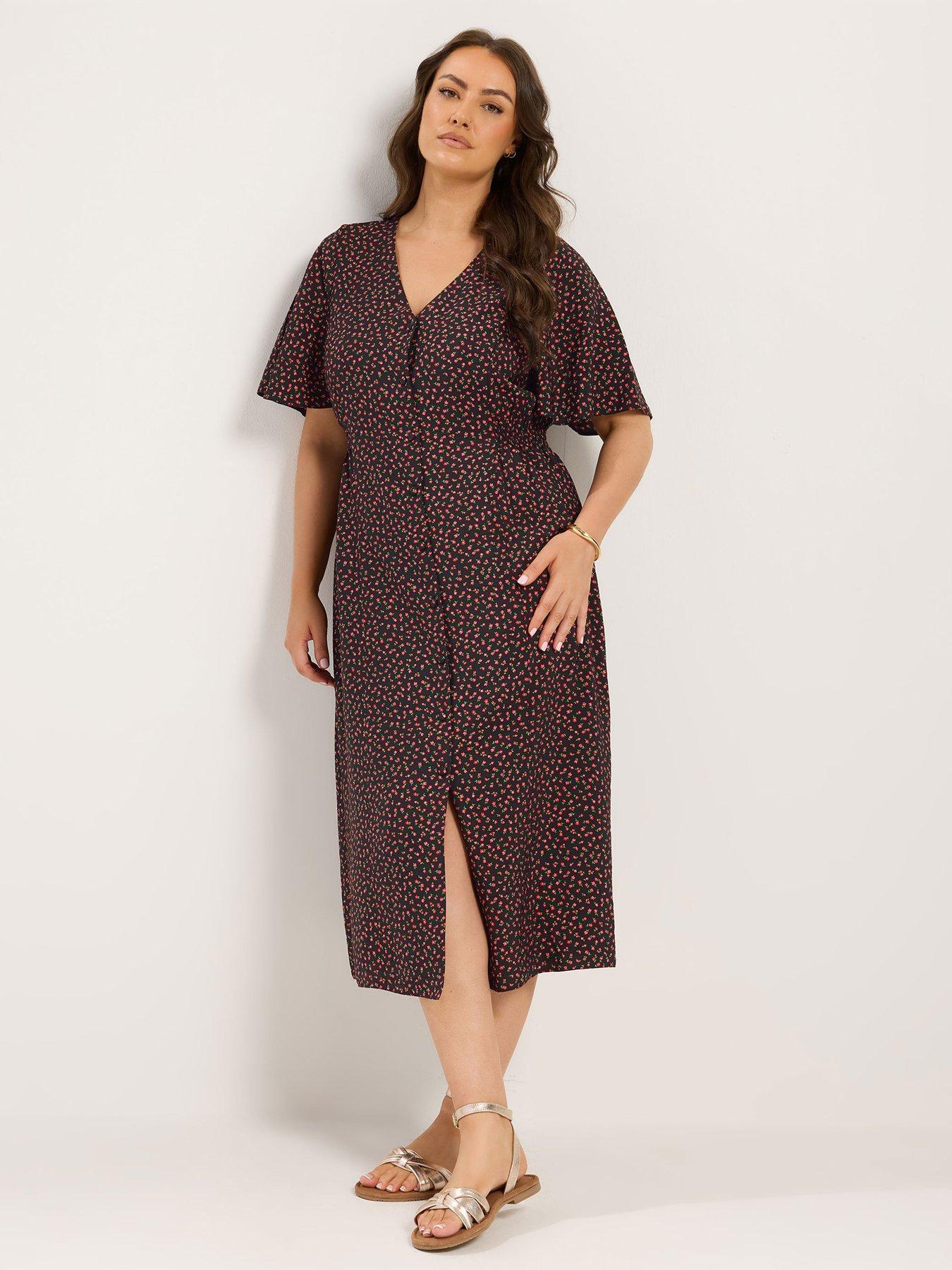 Image 1 of 4 of Yours Curve Shirred Waist Tea Dress - Black