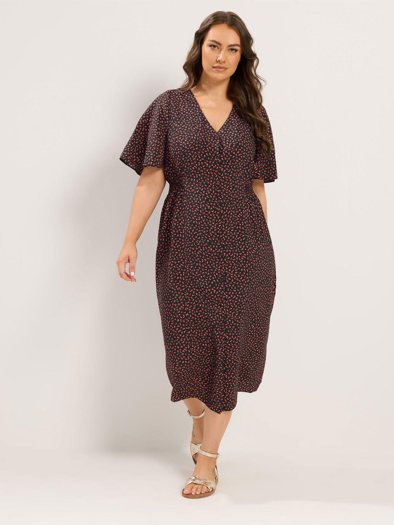 Image 3 of 4 of Yours Curve Shirred Waist Tea Dress - Black