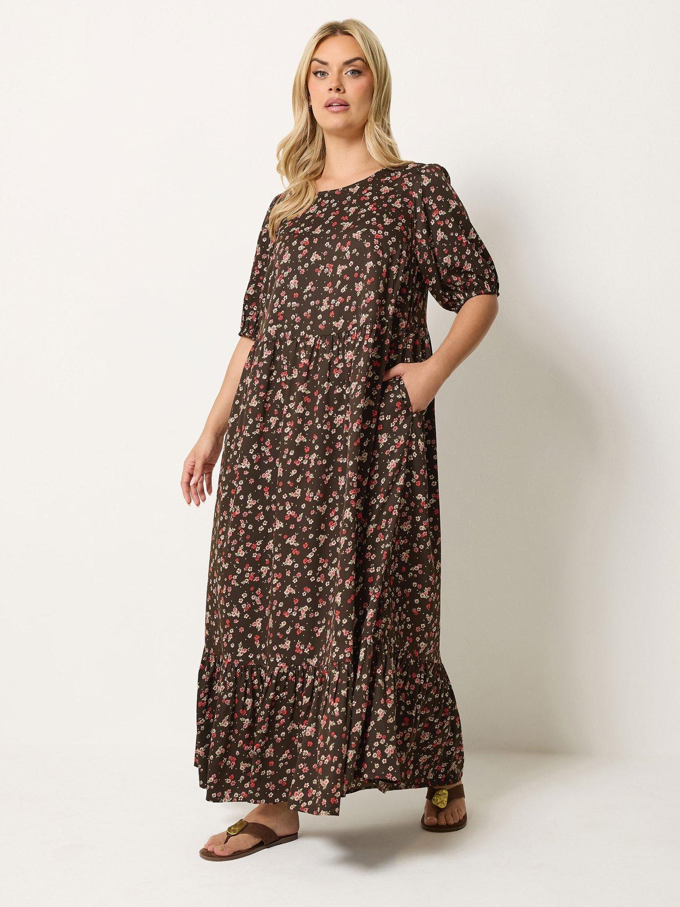 Yours Curve Tie Smock Maxi Dress - Brown