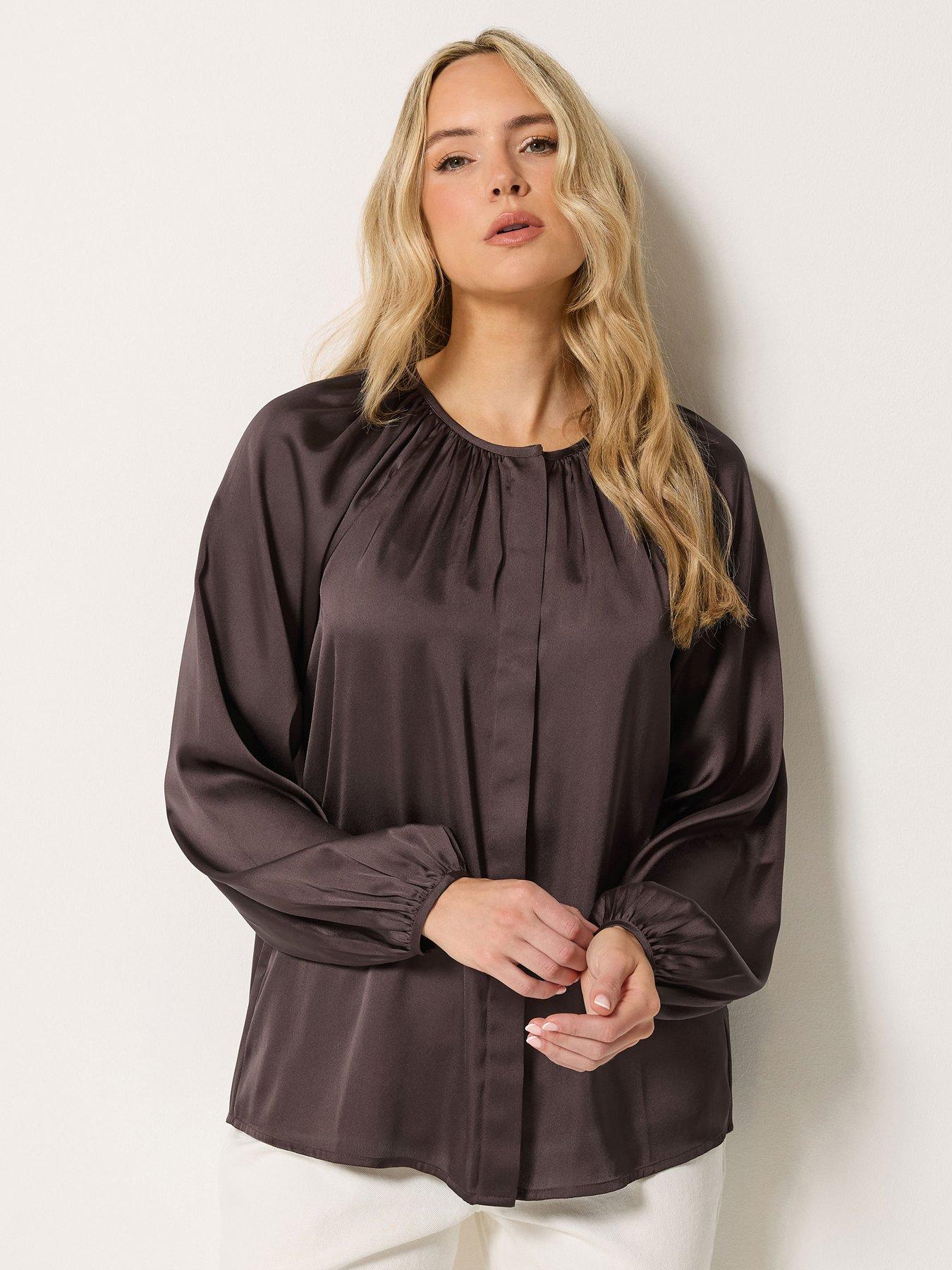 Long Tall Sally Tall Satin Button Top - Brown