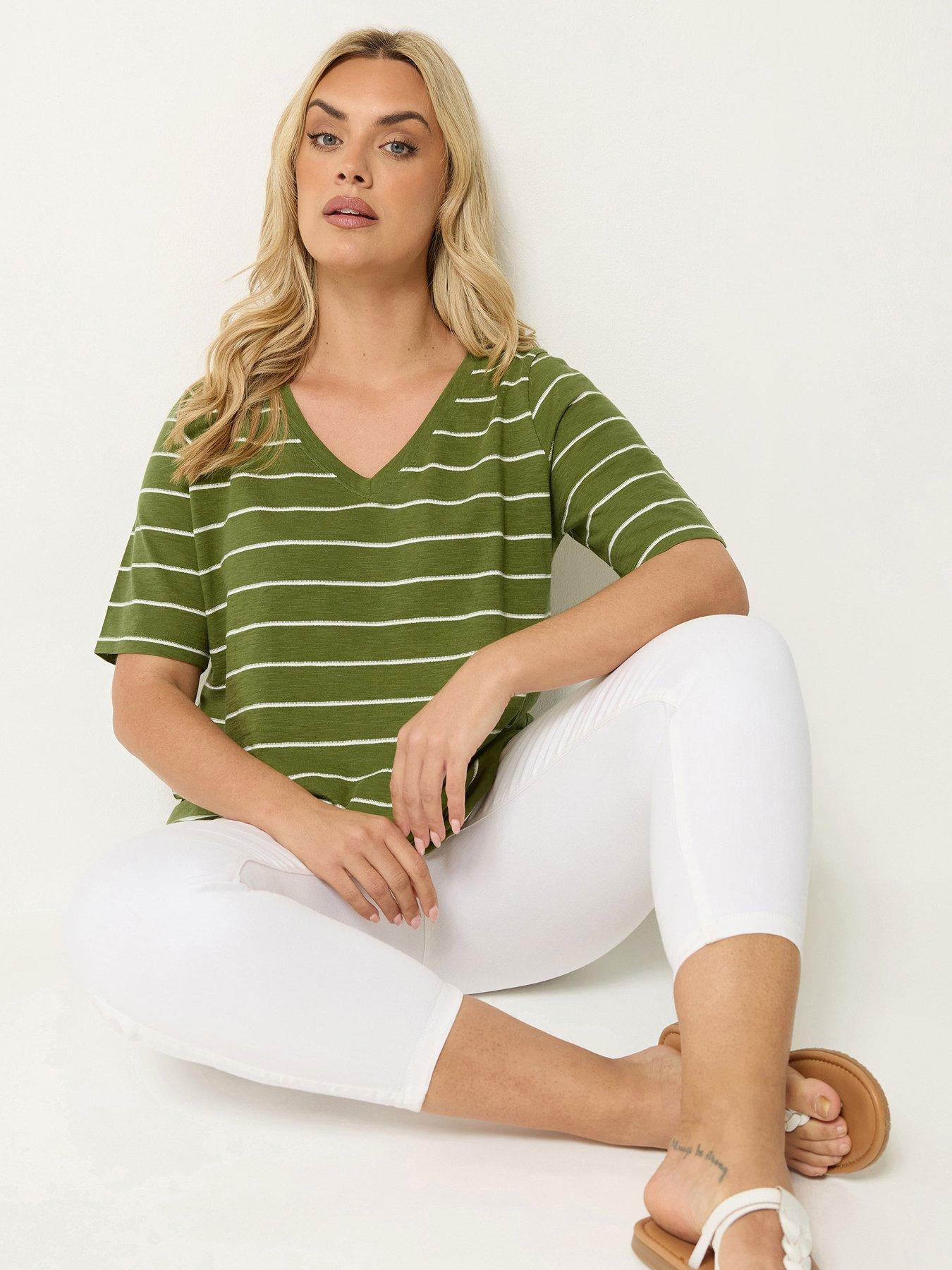 Yours Curve V-Neck Stripe T-Shirt - Green