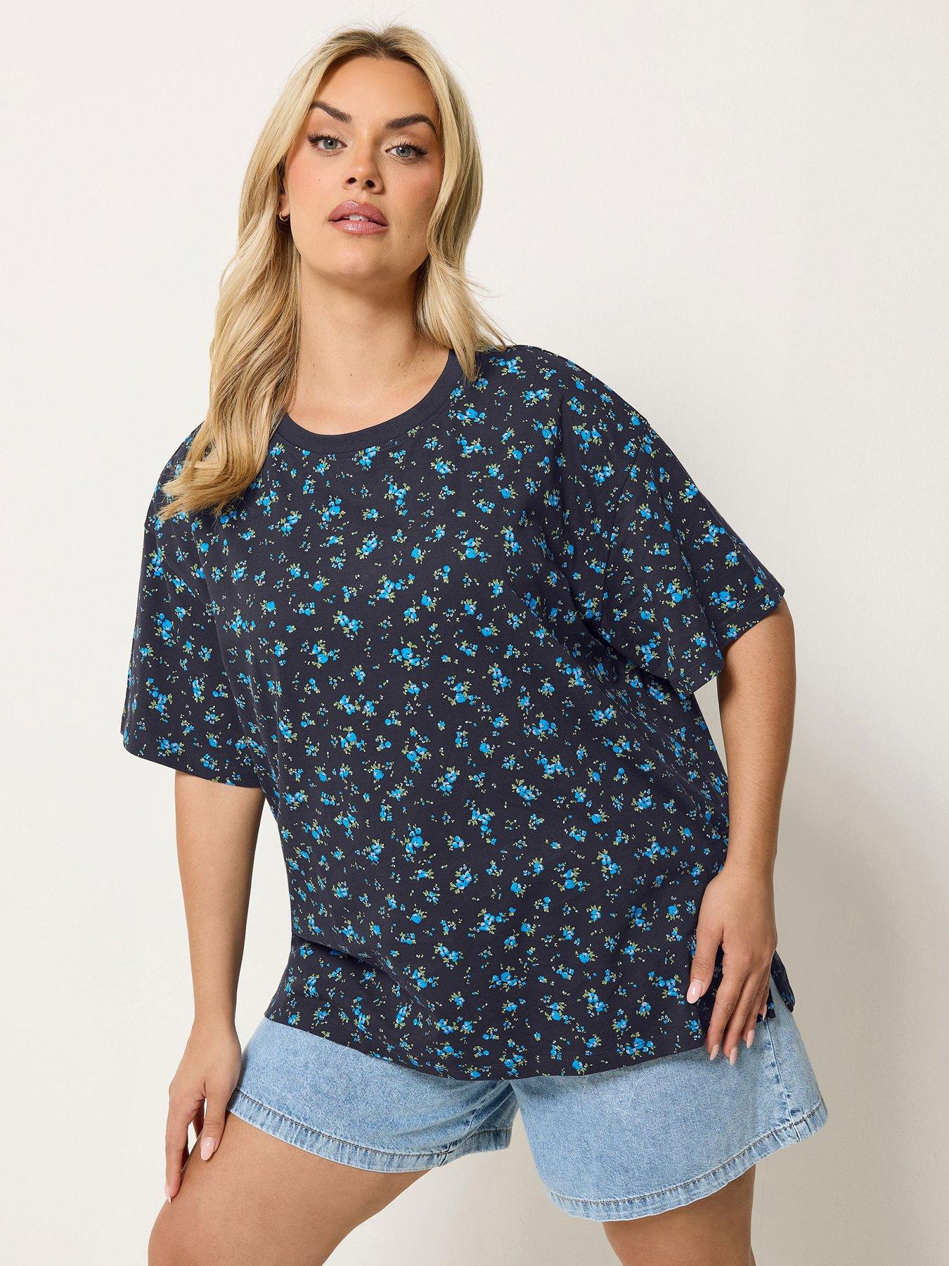 Yours Curve Oversized Ditsy Print T-Shirt - Blue
