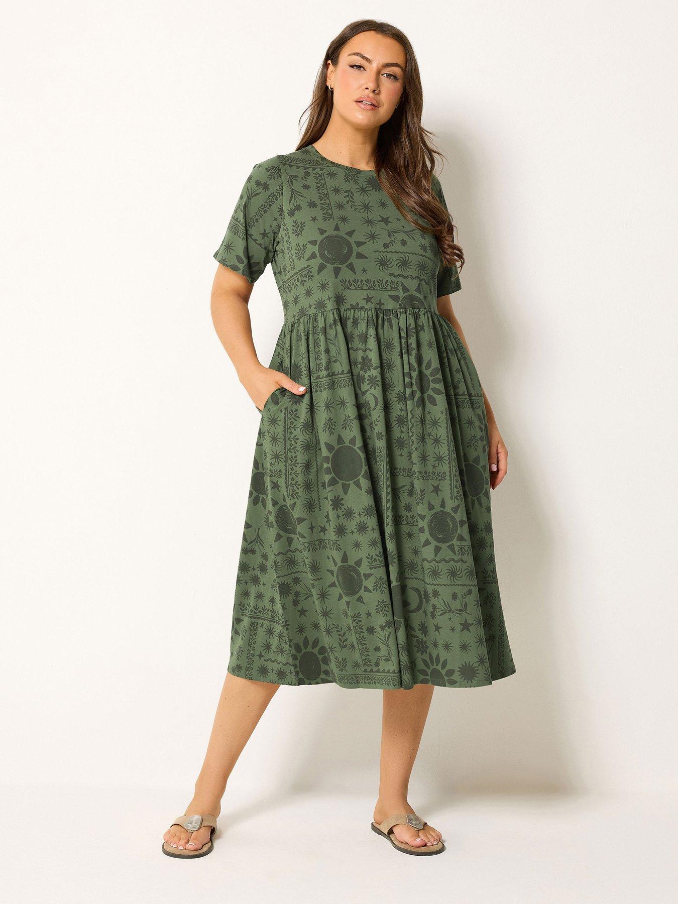Yours Curve Mixed Floral Throw On Smock Dress - Khaki Green