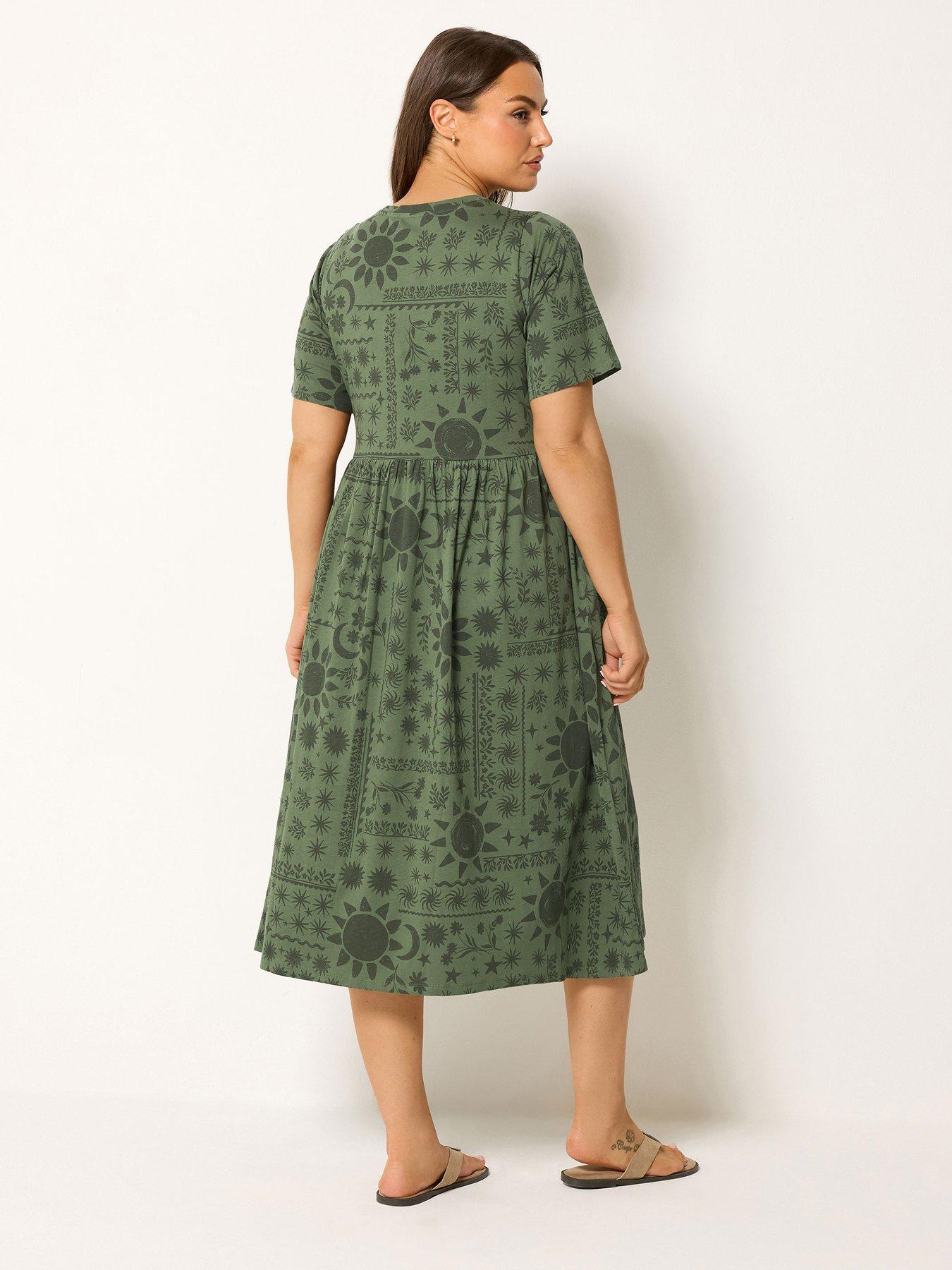 Image 2 of 4 of Yours Curve Mixed Floral Throw On Smock Dress - Khaki Green