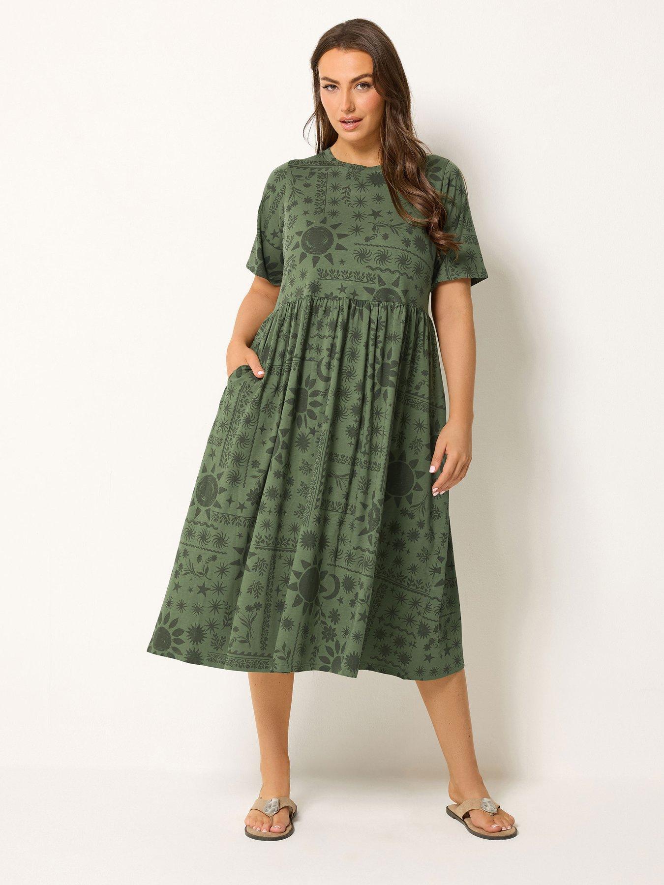 Image 3 of 4 of Yours Curve Mixed Floral Throw On Smock Dress - Khaki Green