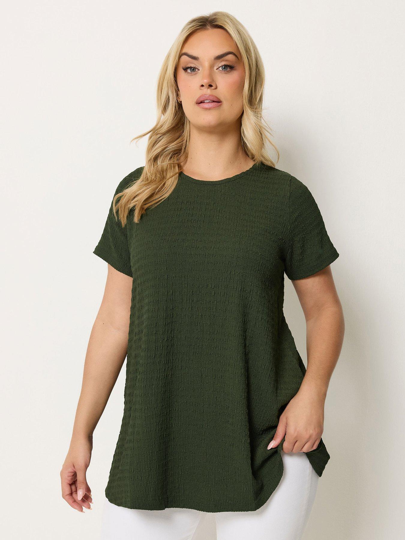 Yours Curve Short Sleeve Textured Swing Top - Green