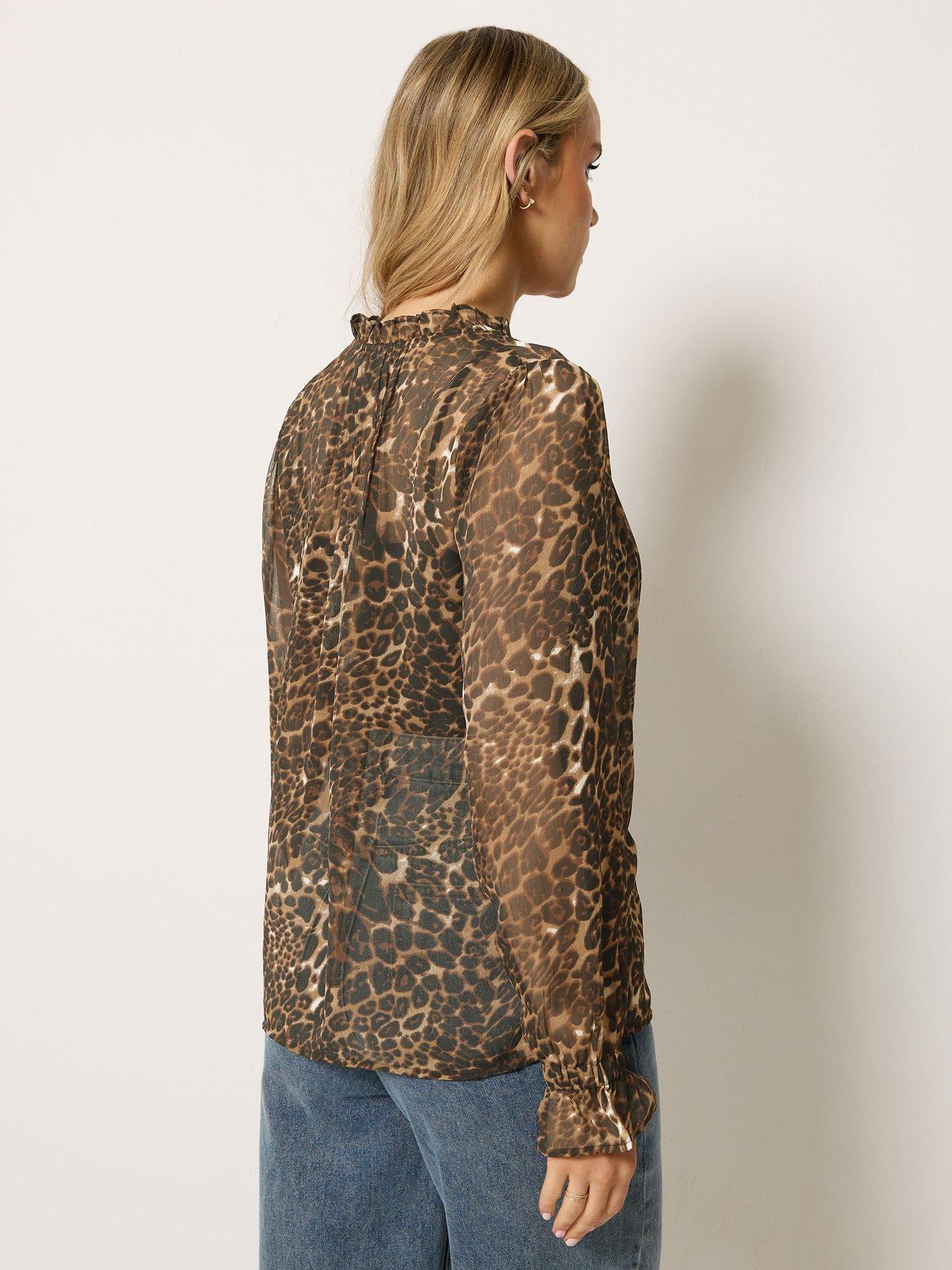 Image 2 of 4 of Long Tall Sally Tall Leopard Sheer Pintuck Blouse - Brown