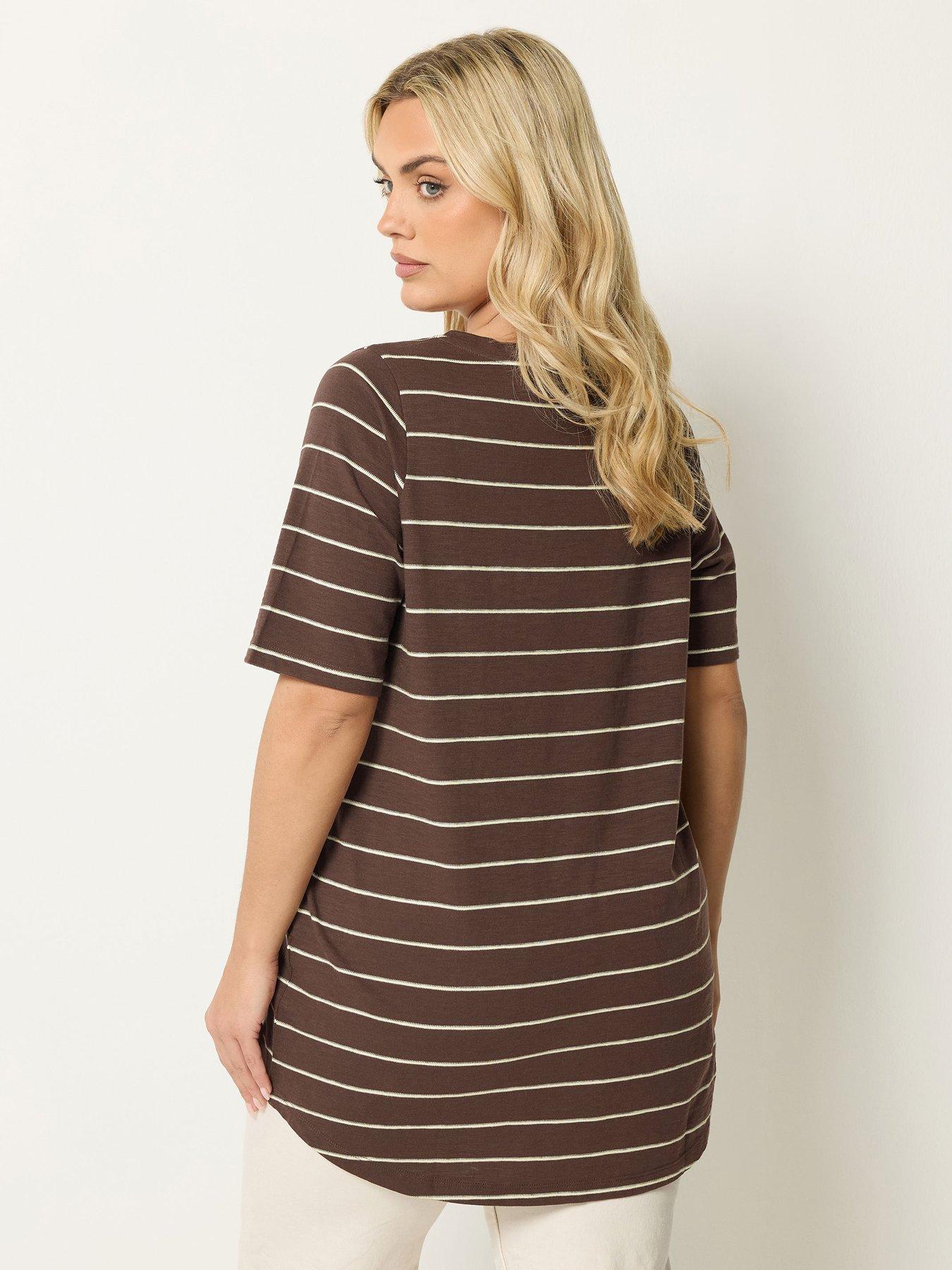 Image 2 of 4 of Yours Curve V-Neck Stripe T-Shirt - Brown