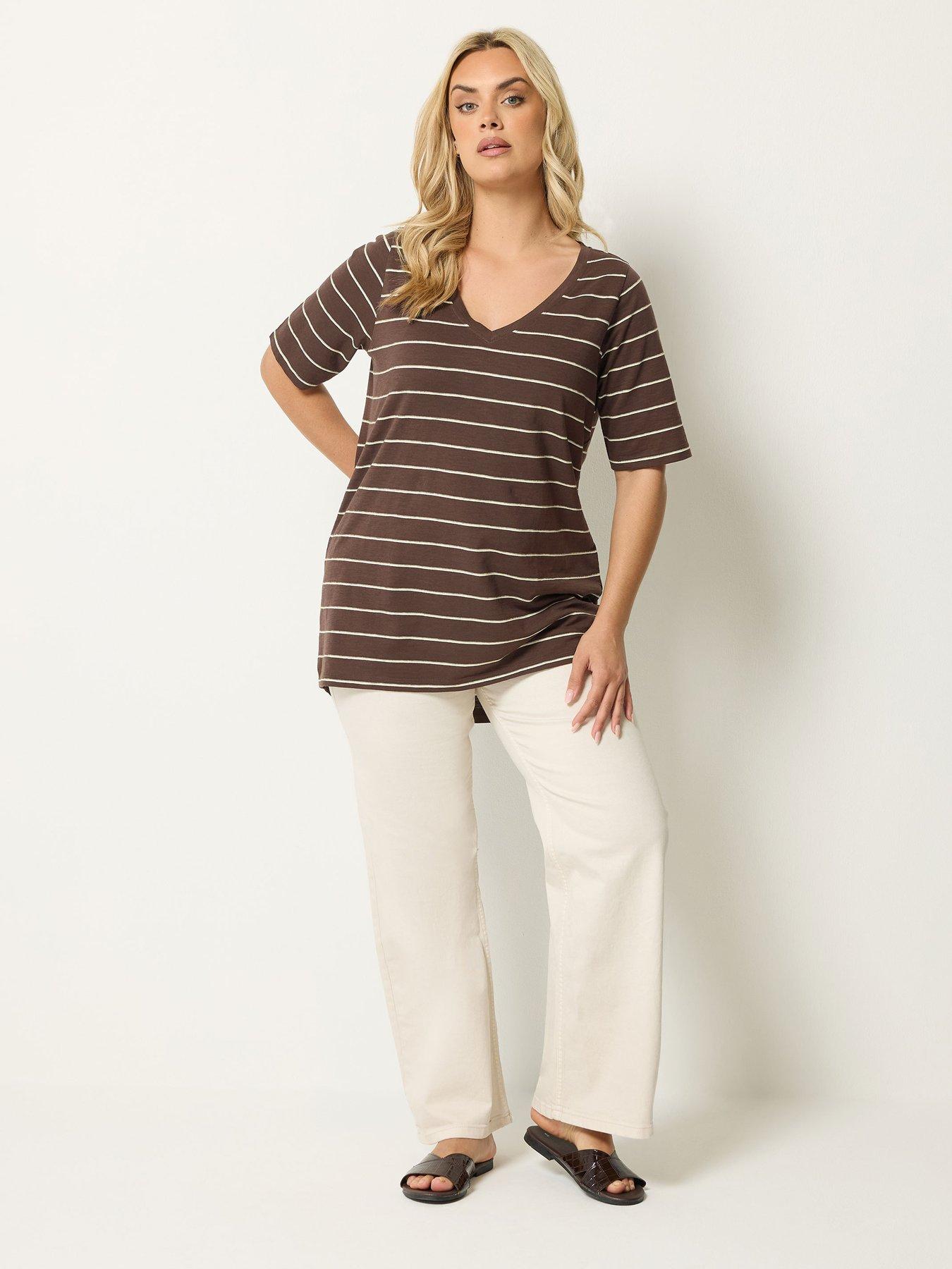 Image 3 of 4 of Yours Curve V-Neck Stripe T-Shirt - Brown