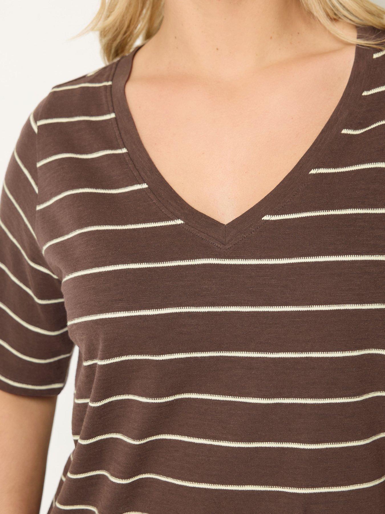 Image 4 of 4 of Yours Curve V-Neck Stripe T-Shirt - Brown