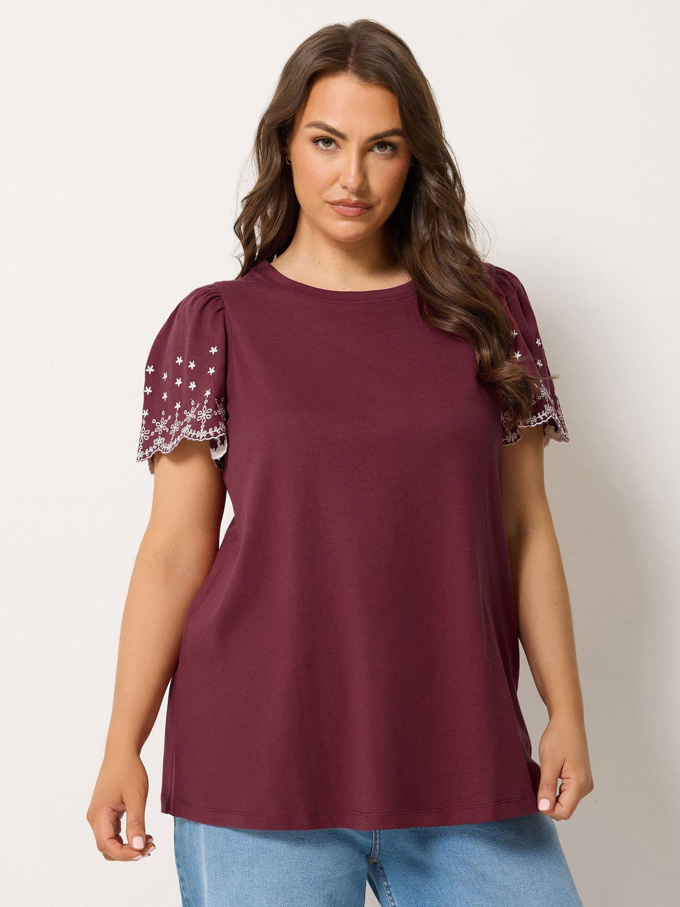 Yours Curve Angel Sleeve Embroidered T-Shirt - Red