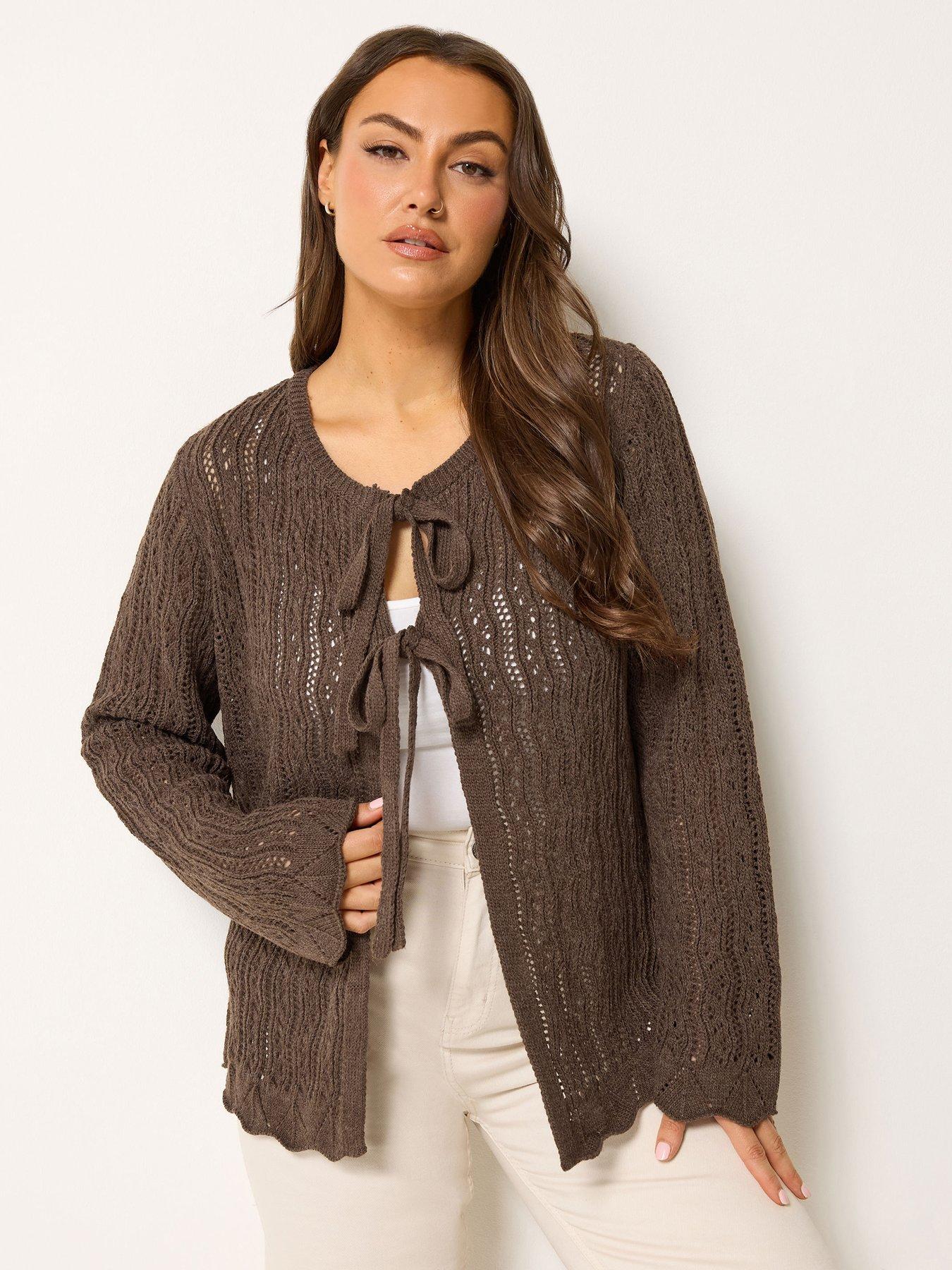 Yours Curve Tie Front Crochet Cardigan - Brown