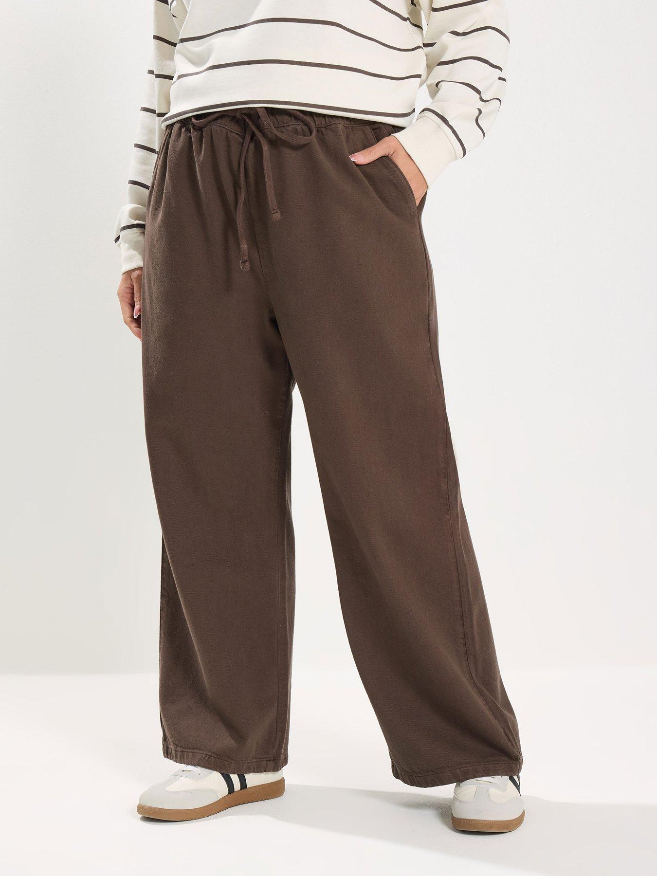Image 1 of 4 of Yours Curve Chocolate Pull On Wide Leg Jeans - Brown