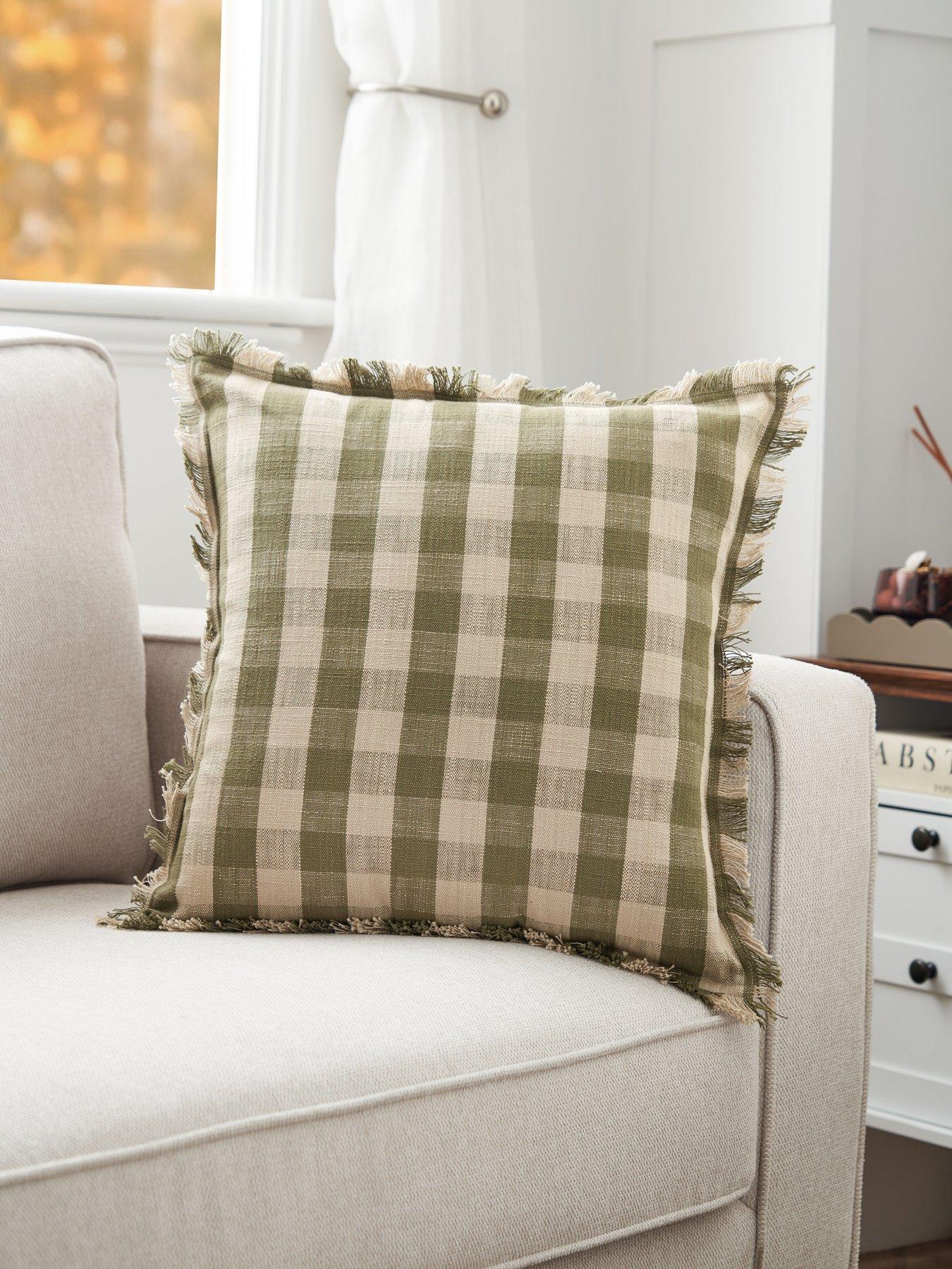 Image 1 of 5 of The Very Collection Check Frayed Edge Cushion - Green