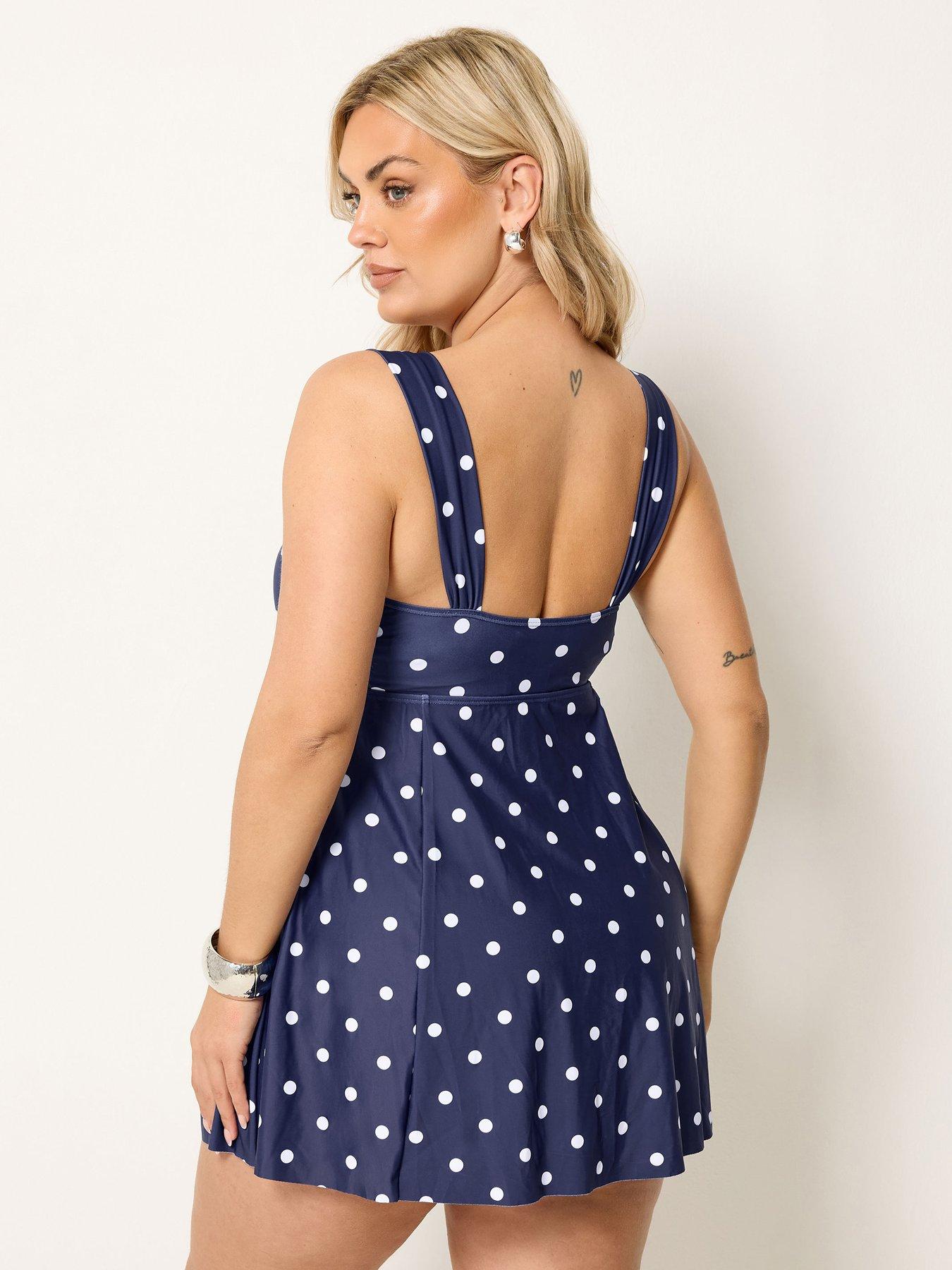 Image 2 of 4 of Yours Curve Polka Dot Tab Front Swimdress - Blue