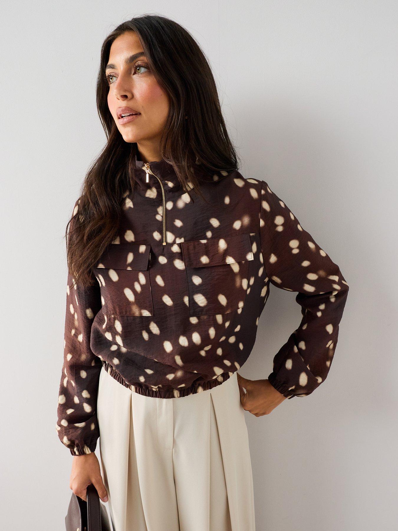 The Very Collection Women's Bambi Print Funnel Neck Lightweight Quatre Zip Jacket - Brown