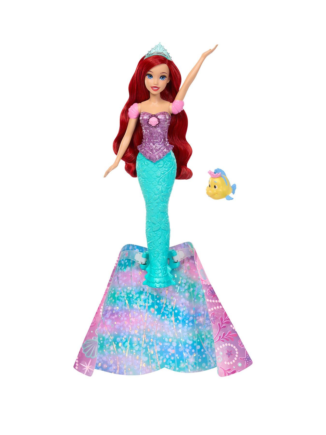 Disney Princess Ariel Transforming Fashion Doll with Human to Mermaid Transformation, Flounder Figure and Tiara Accessories