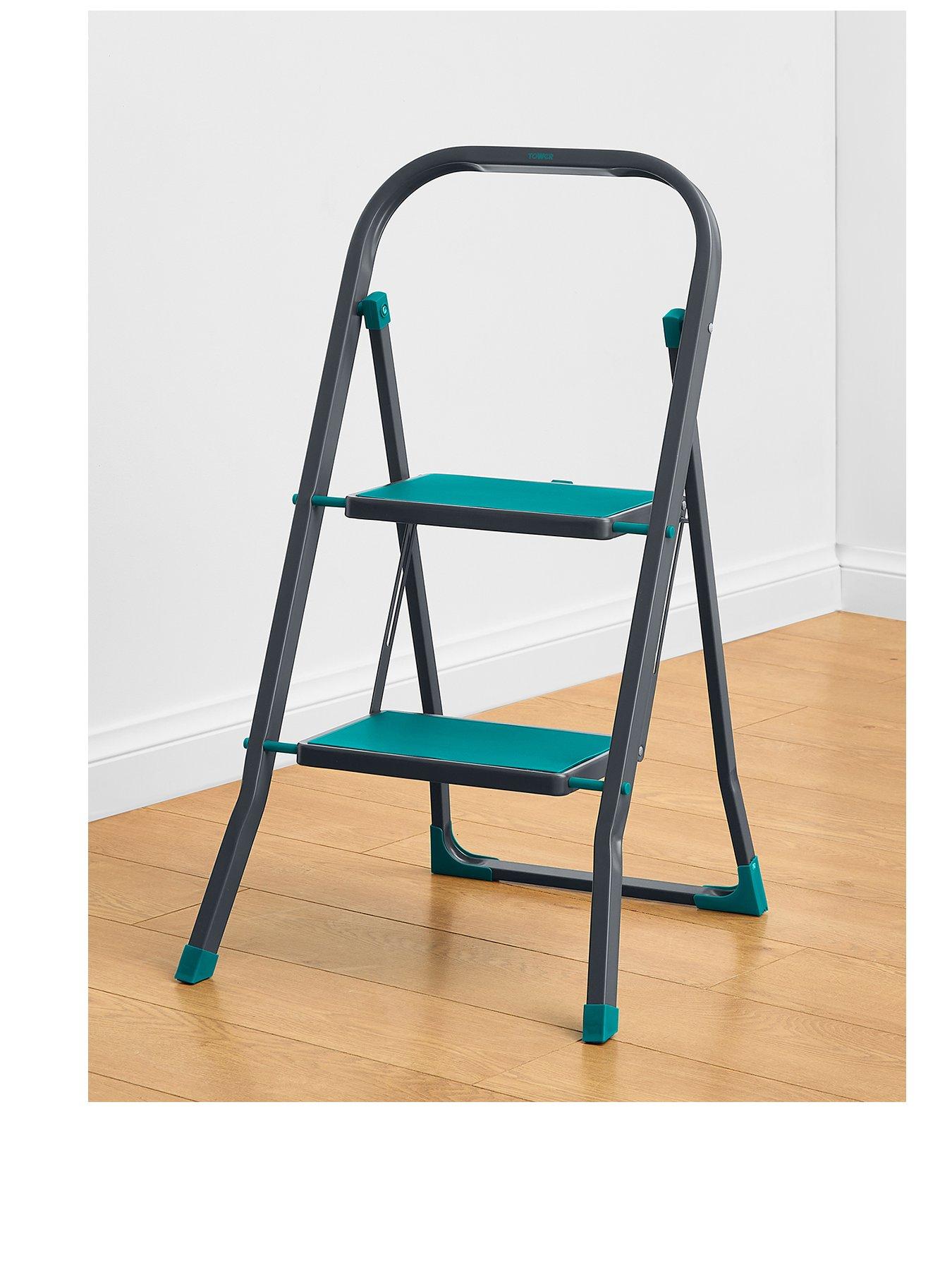 Tower 2 Tread Folding Step Ladder, Non-Slip Steps, Anthracite & Teal