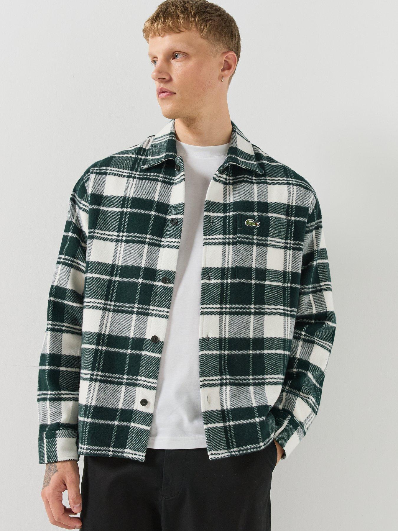 Image 1 of 6 of Lacoste Mens Relaxed Fit Warm Felt Checked Overshirt - Dark Green