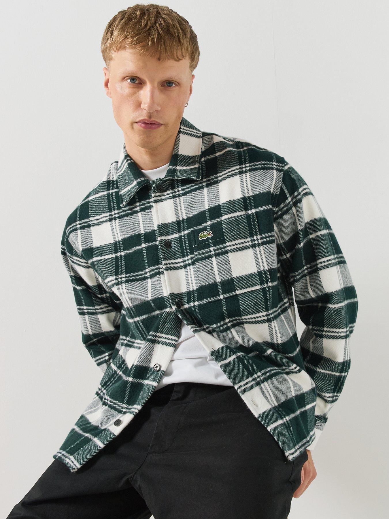 Image 4 of 6 of Lacoste Mens Relaxed Fit Warm Felt Checked Overshirt - Dark Green