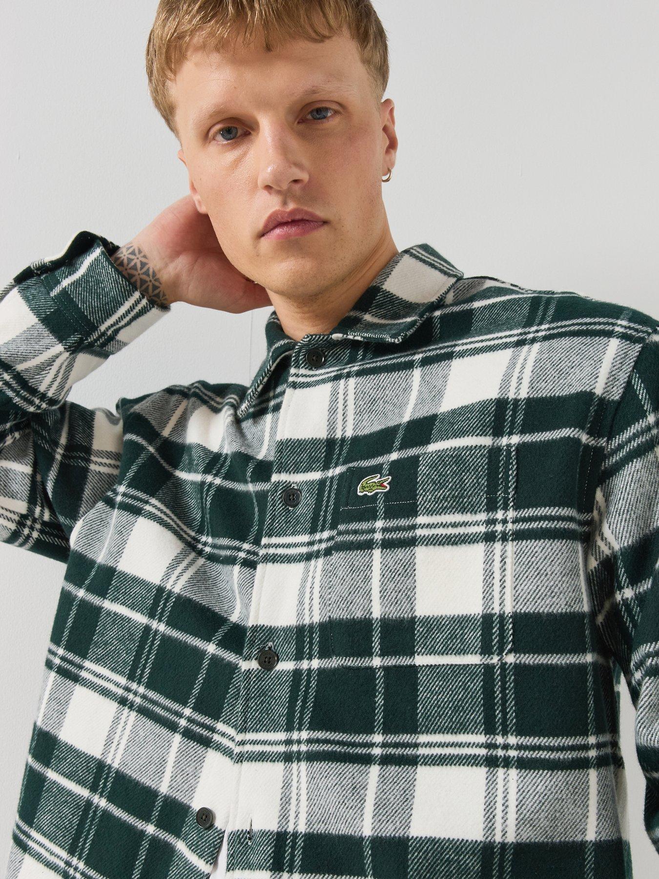 Image 5 of 6 of Lacoste Mens Relaxed Fit Warm Felt Checked Overshirt - Dark Green