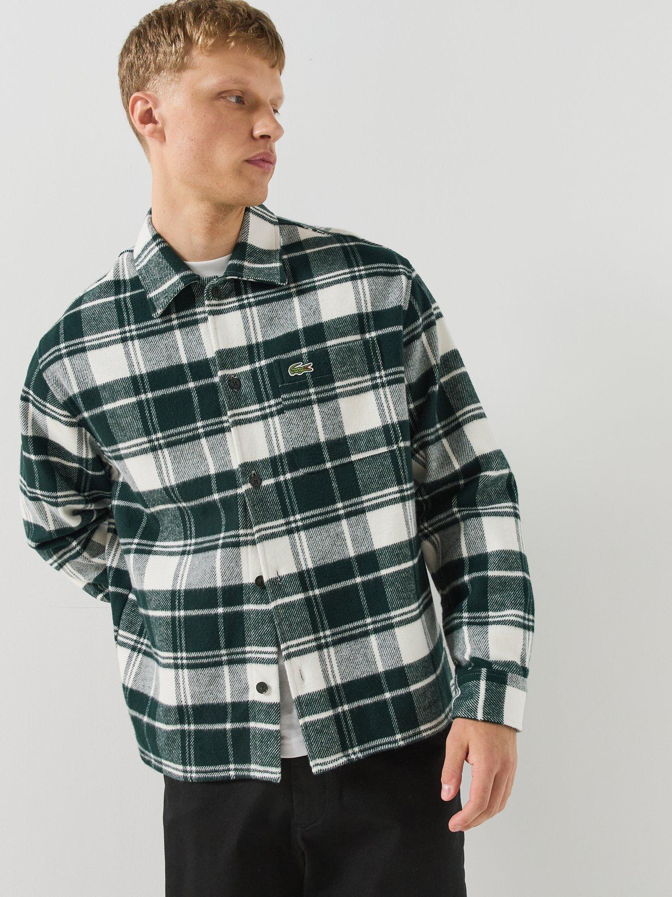 Image 6 of 6 of Lacoste Mens Relaxed Fit Warm Felt Checked Overshirt - Dark Green