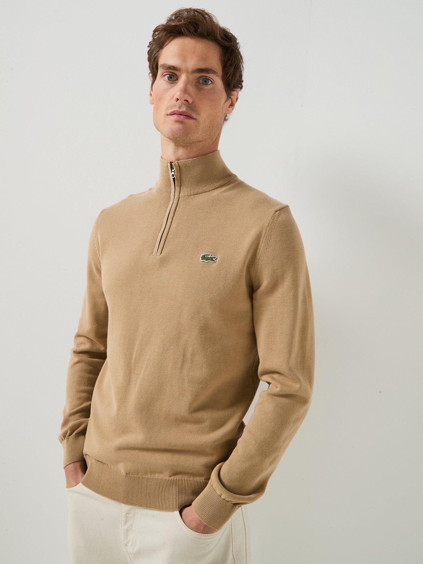 Lacoste Men's Regular Fit Quarter Zip Knitted Jumper with Crocodile Logo - Camel