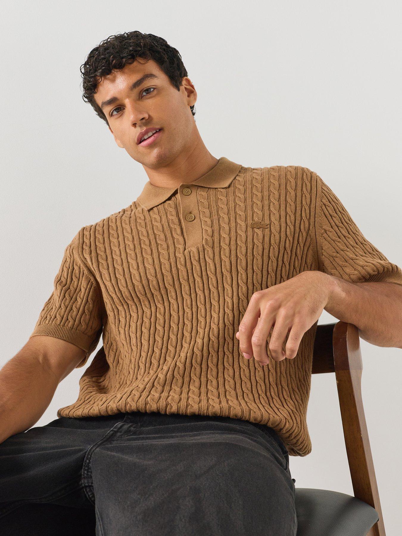 Image 1 of 6 of Lacoste Men's Cotton Blend Cable Knitted Polo Shirt - Light Brown