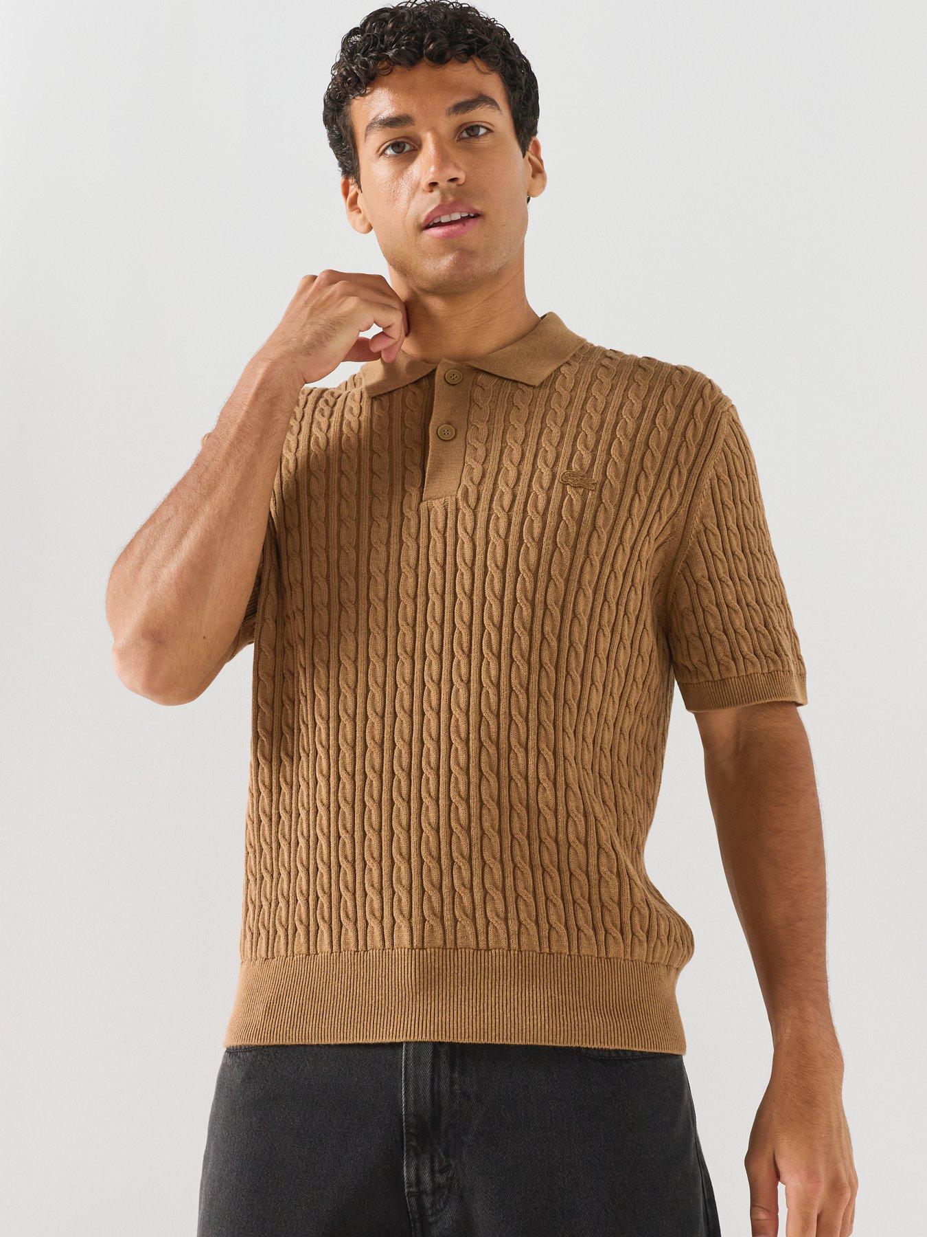 Image 4 of 6 of Lacoste Men's Cotton Blend Cable Knitted Polo Shirt - Light Brown
