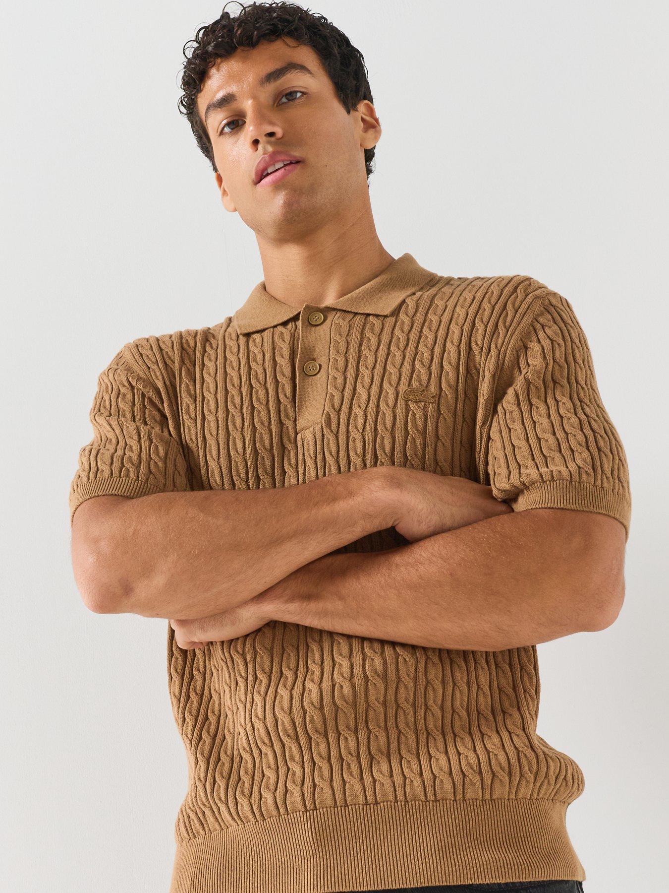 Image 5 of 6 of Lacoste Men's Cotton Blend Cable Knitted Polo Shirt - Light Brown