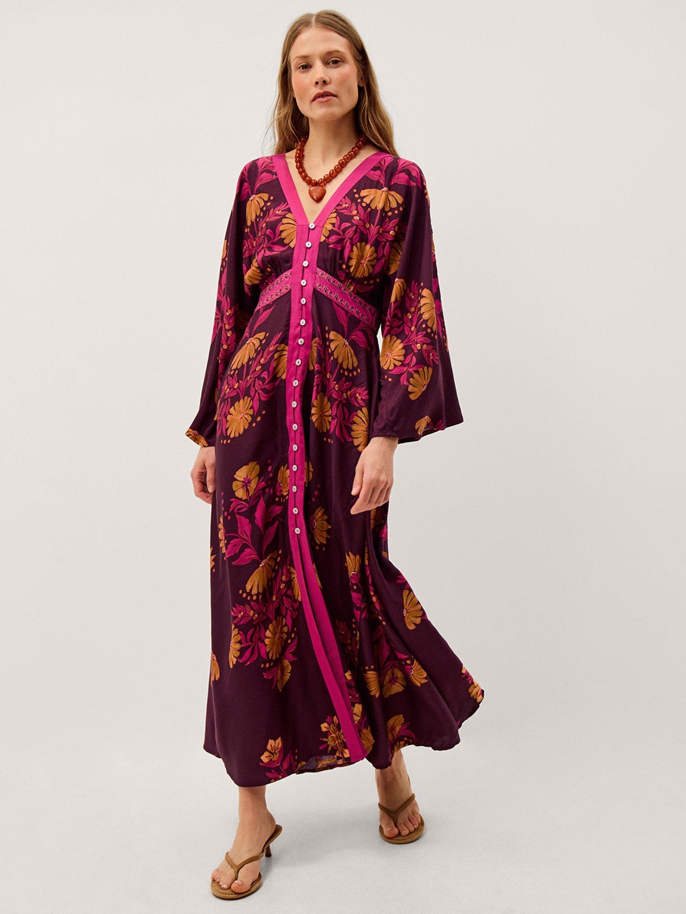 Monsoon Koa Long Sleeve Floral Midi Dress - Red