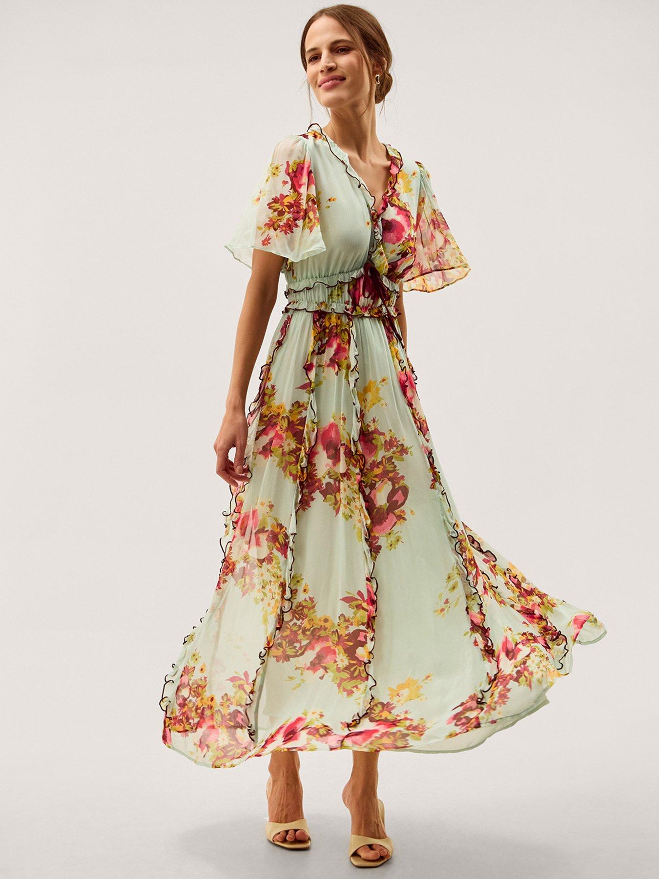 Monsoon Perrie Frill Floral Print Maxi Dress - Green