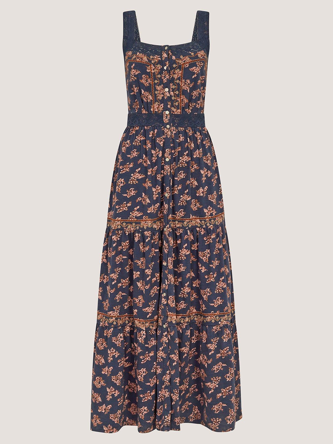 Monsoon Polly Print Jersey Midi Dress - Blue