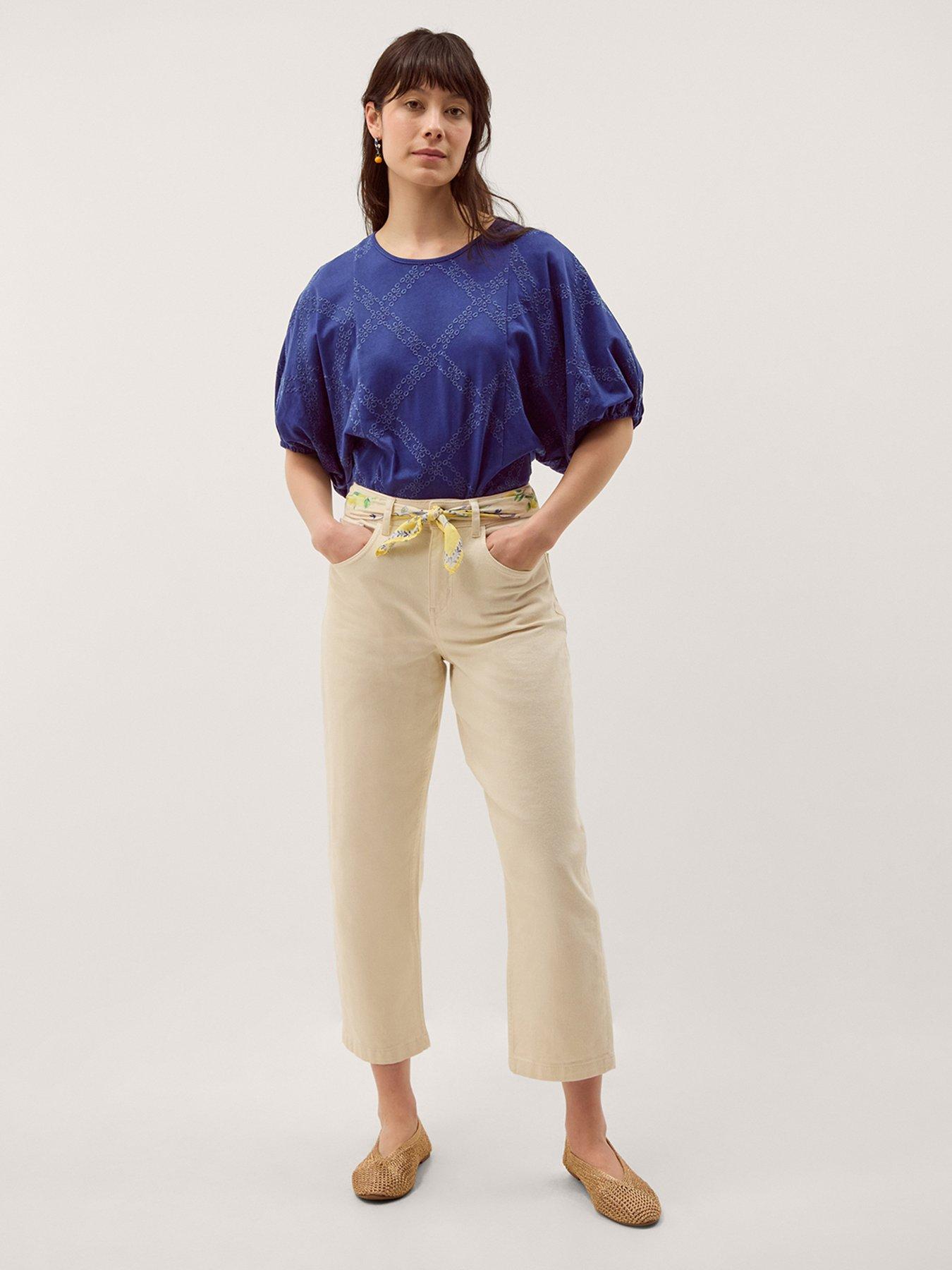 Monsoon Ellie Puff Sleeve Embroidered Jersey Top - Blue