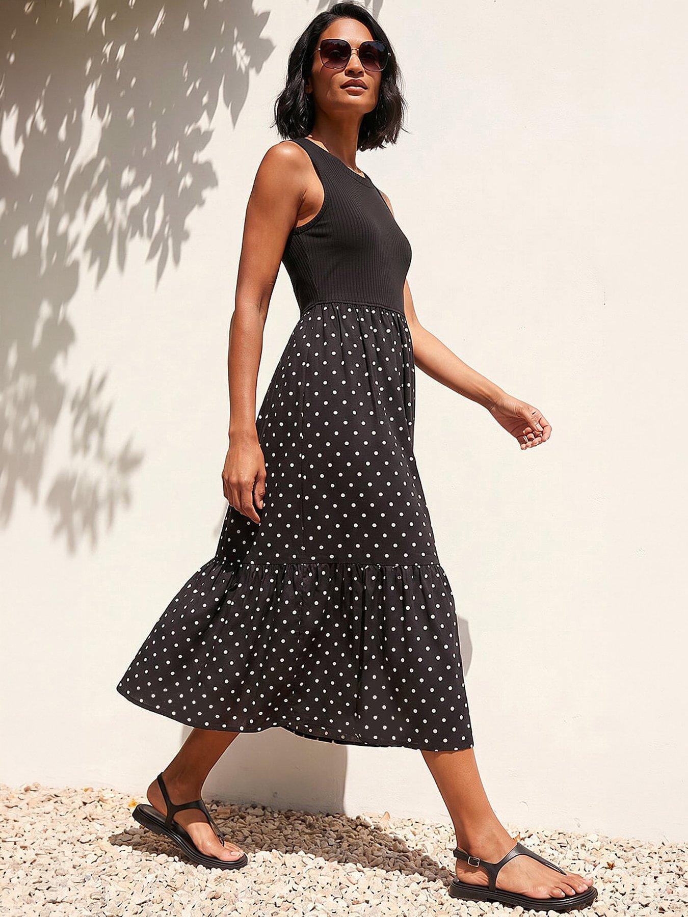 Roman Dusk Polka Dot Ribbed Midi Dress