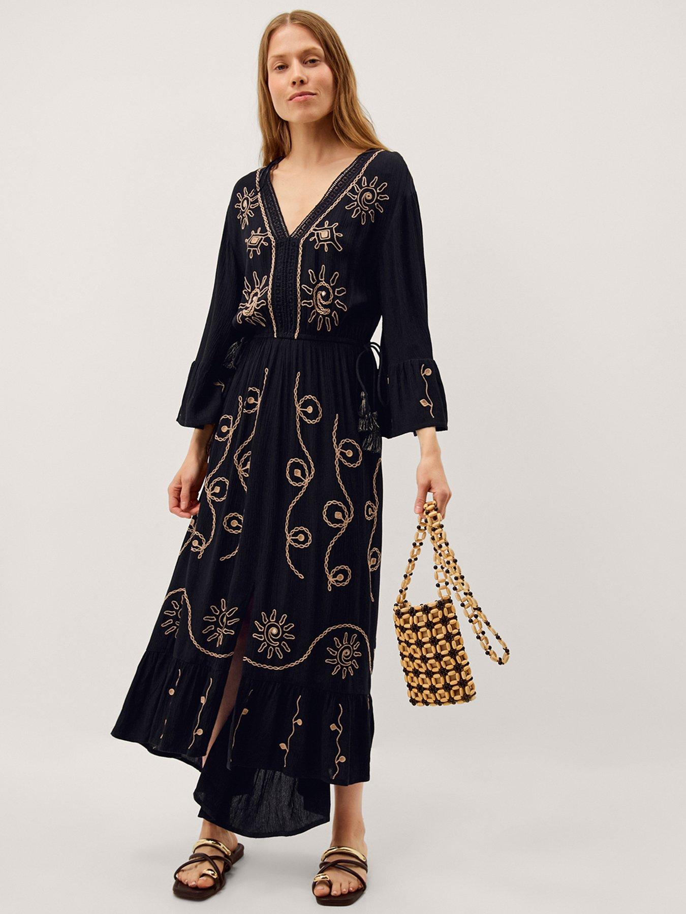 Monsoon Sophy Embroidered Maxi Kaftan - Black