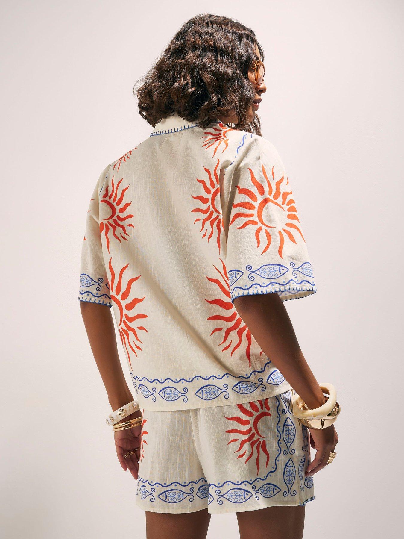 Image 2 of 4 of River Island Sun Embroidered Border Shirt - Cream