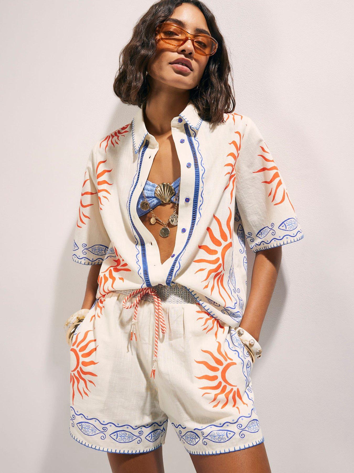Image 4 of 4 of River Island Sun Embroidered Border Shirt - Cream