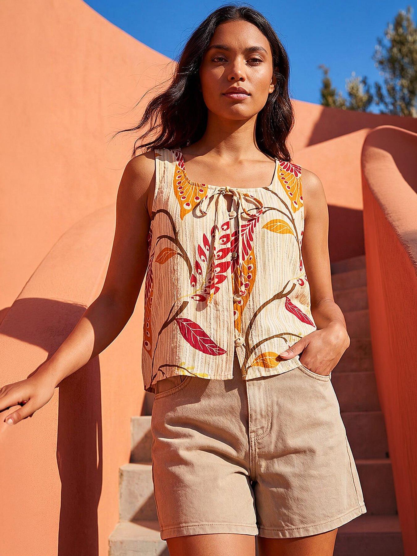 Roman Leaf Print Textured Tie Front Blouse