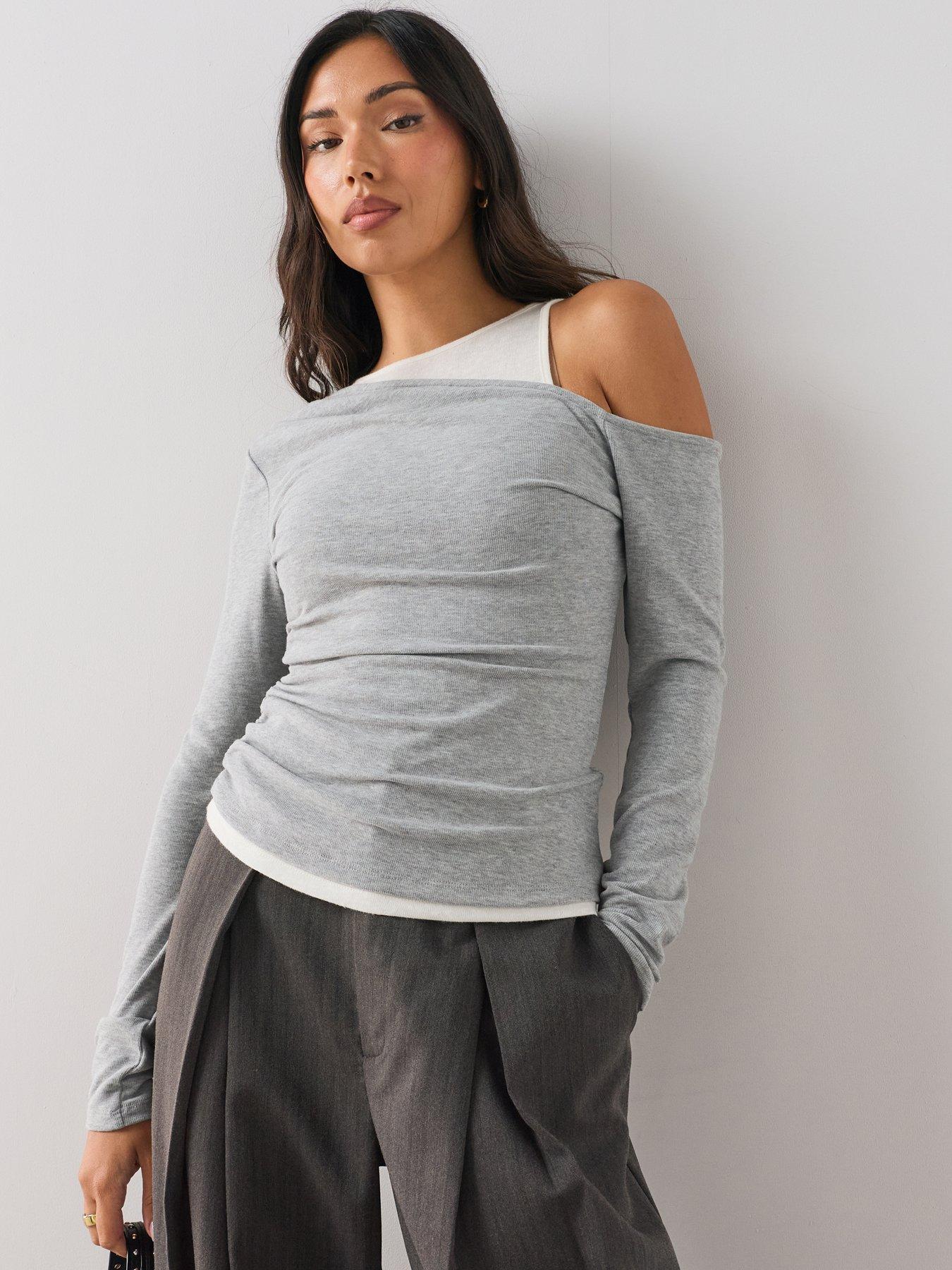 The Very Collection Layered Off The Shoulder Long Sleeve Jersey Top - Grey