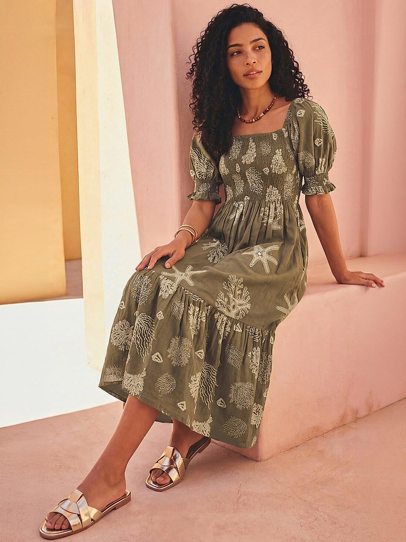 Roman Coral Print Shirred Midi Dress