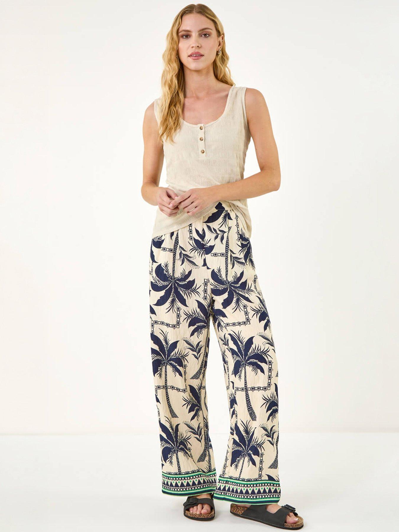 Roman Palm Print Wide Leg Trousers