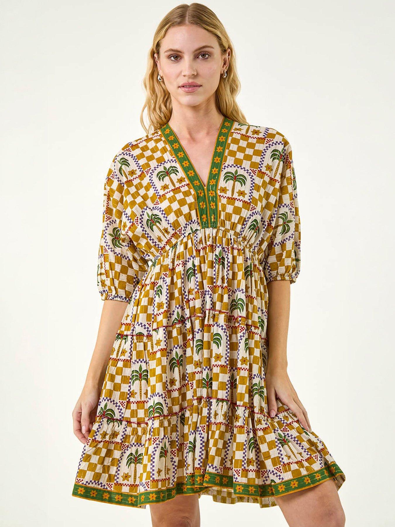 Roman Palm Check Boho Dress